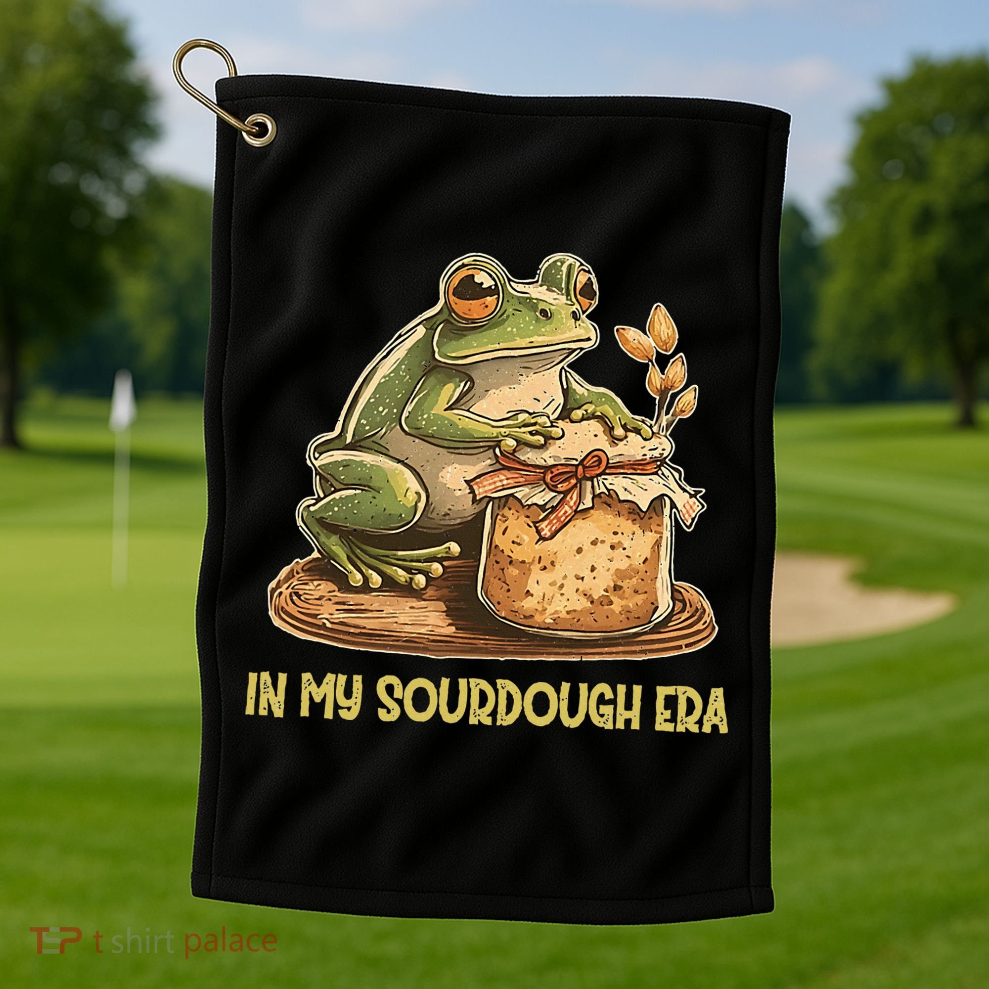 In My Sourdough Era Funny Frog Baking Bread Golf Towel