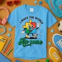 I Make The World Au-Some Autism Puzzle Boy Support Kids T-Shirt thumb 3