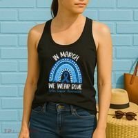 In March We Wear Blue Ribbon Rainbow Colon Cancer Awareness Women's Tank Top thumb 2