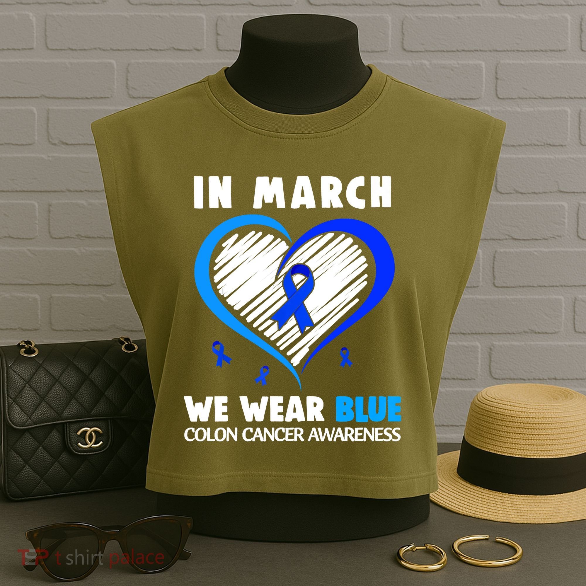 In March We Wear Blue For Colon Cancer Awareness Blue Heart Garment-Dyed Women's Muscle Tee