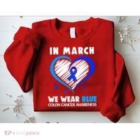 In March We Wear Blue For Colon Cancer Awareness Blue Heart Sweatshirt thumb 2