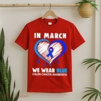 In March We Wear Blue For Colon Cancer Awareness Blue Heart T-Shirt thumb 2