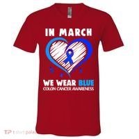 In March We Wear Blue For Colon Cancer Awareness Blue Heart V-Neck T-Shirt thumb 0