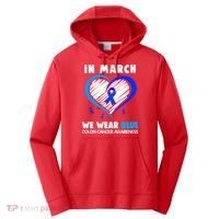 In March We Wear Blue For Colon Cancer Awareness Blue Heart Performance Fleece Hoodie thumb 0