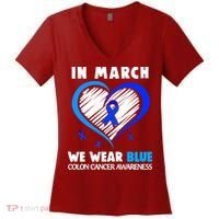 In March We Wear Blue For Colon Cancer Awareness Blue Heart Women's V-Neck T-Shirt thumb 0