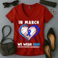 In March We Wear Blue For Colon Cancer Awareness Blue Heart Women's V-Neck T-Shirt thumb 2