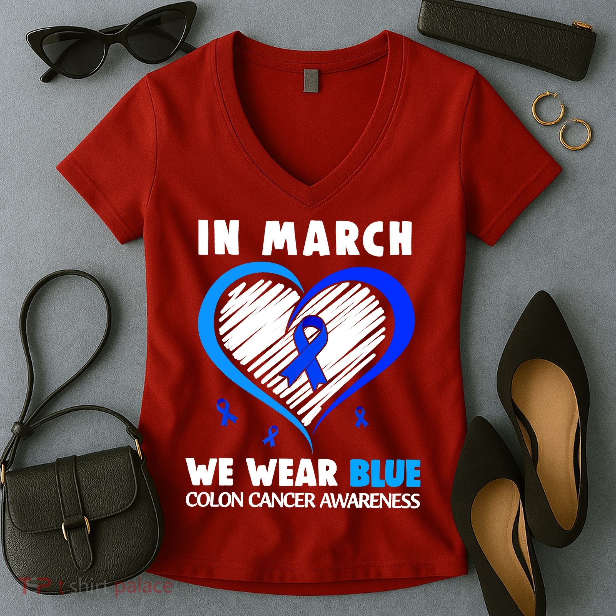 In March We Wear Blue For Colon Cancer Awareness Blue Heart Women's V-Neck T-Shirt