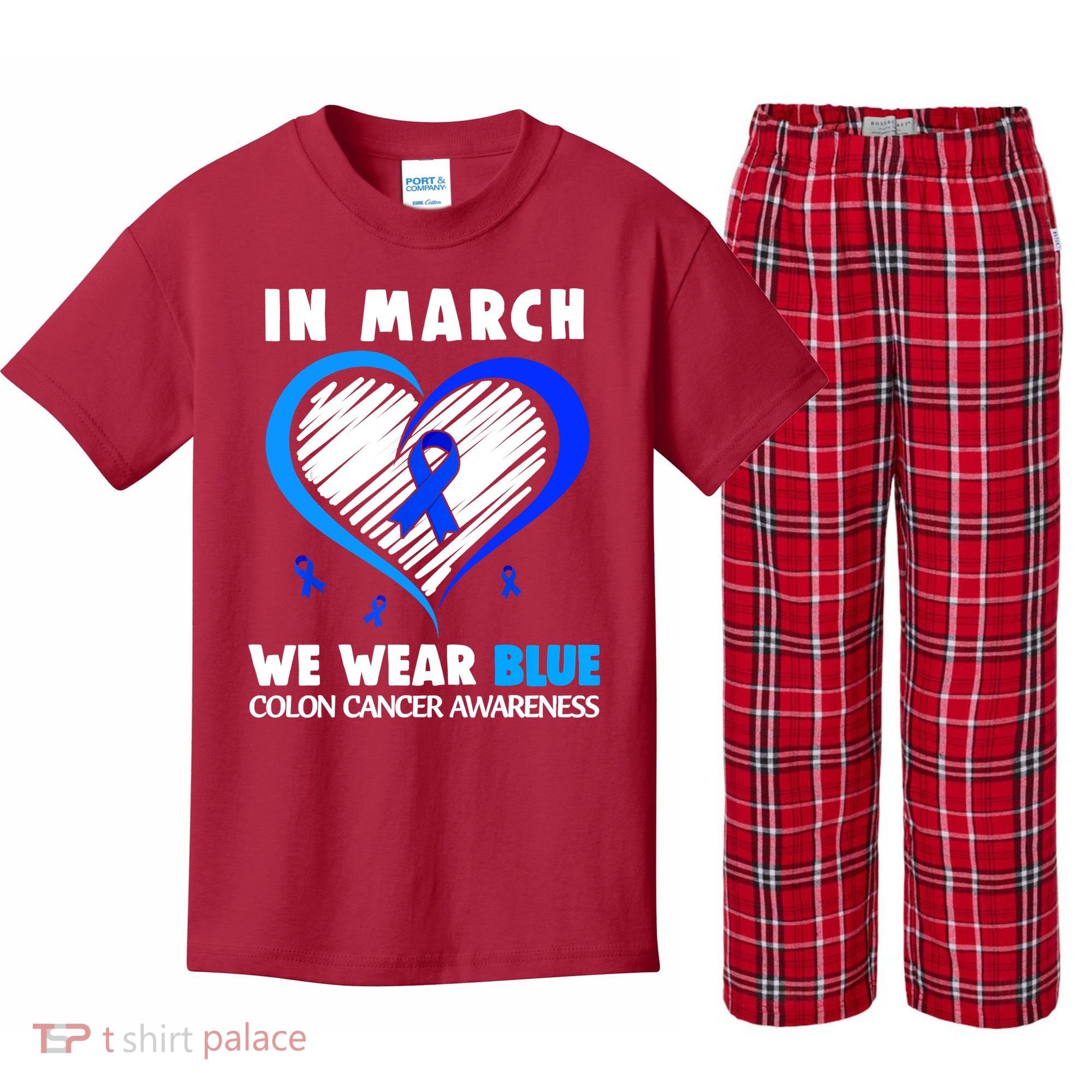 In March We Wear Blue For Colon Cancer Awareness Blue Heart Kids Plaid Pajama Set