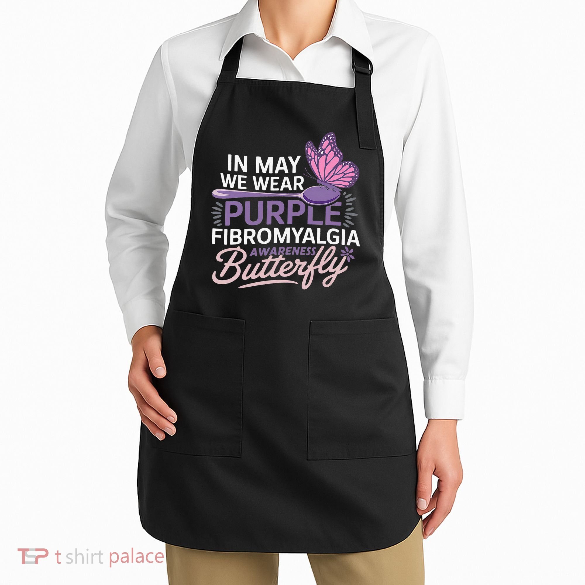 In May We Wear Purple Fibromyalgia Awareness Butterfly Apron