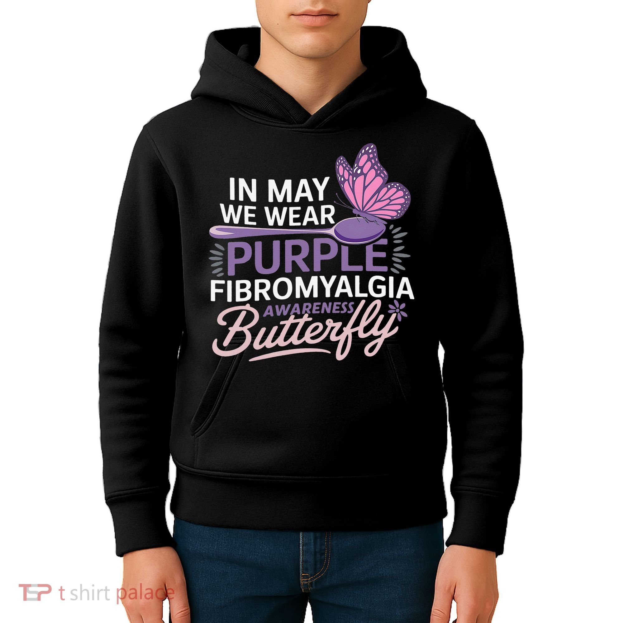 In May We Wear Purple Fibromyalgia Awareness Butterfly Kids Hoodie