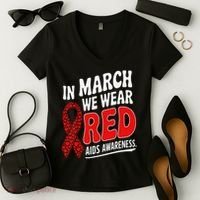 In March We Wear Red HIV AIDS Awareness Aids Hiv Warrior Women's V-Neck T-Shirt thumb 2