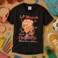 In March We Wear Orange Multiple Sclerosis Afro Black Wo Kids T-Shirt thumb 3