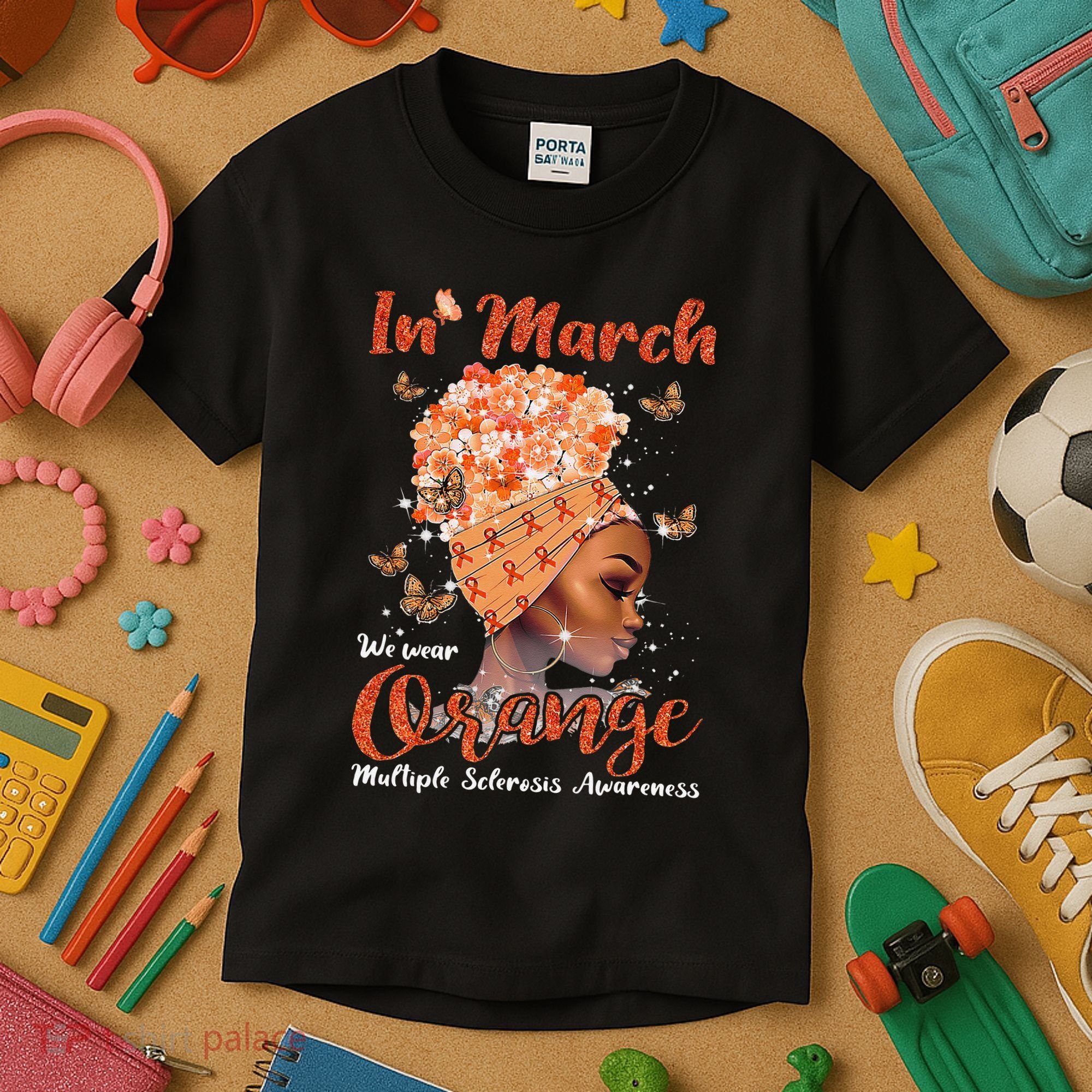 In March We Wear Orange Multiple Sclerosis Afro Black Wo Kids T-Shirt