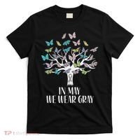 In May We Wear Gray Brain Cancer Awareness Butterfly Tree T-Shirt thumb 0