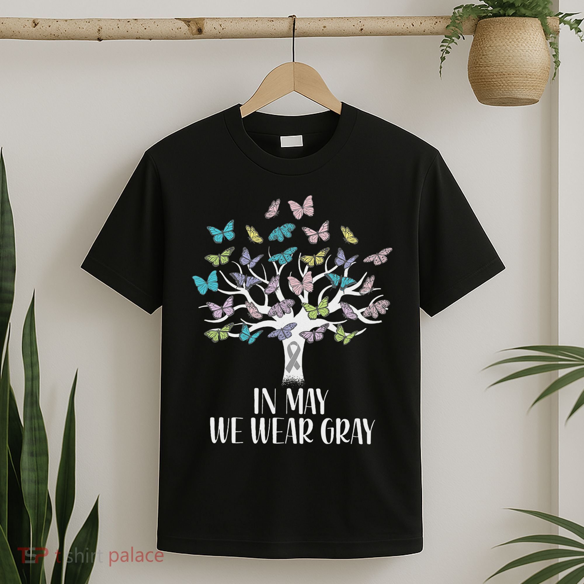 In May We Wear Gray Brain Cancer Awareness Butterfly Tree T-Shirt