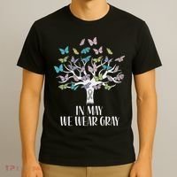 In May We Wear Gray Brain Cancer Awareness Butterfly Tree T-Shirt thumb 3