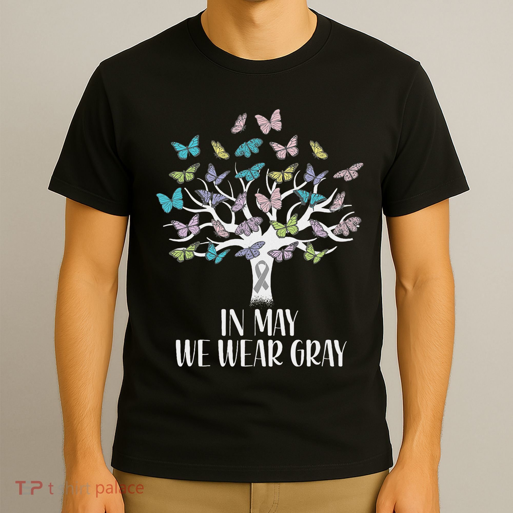 In May We Wear Gray Brain Cancer Awareness Butterfly Tree T-Shirt