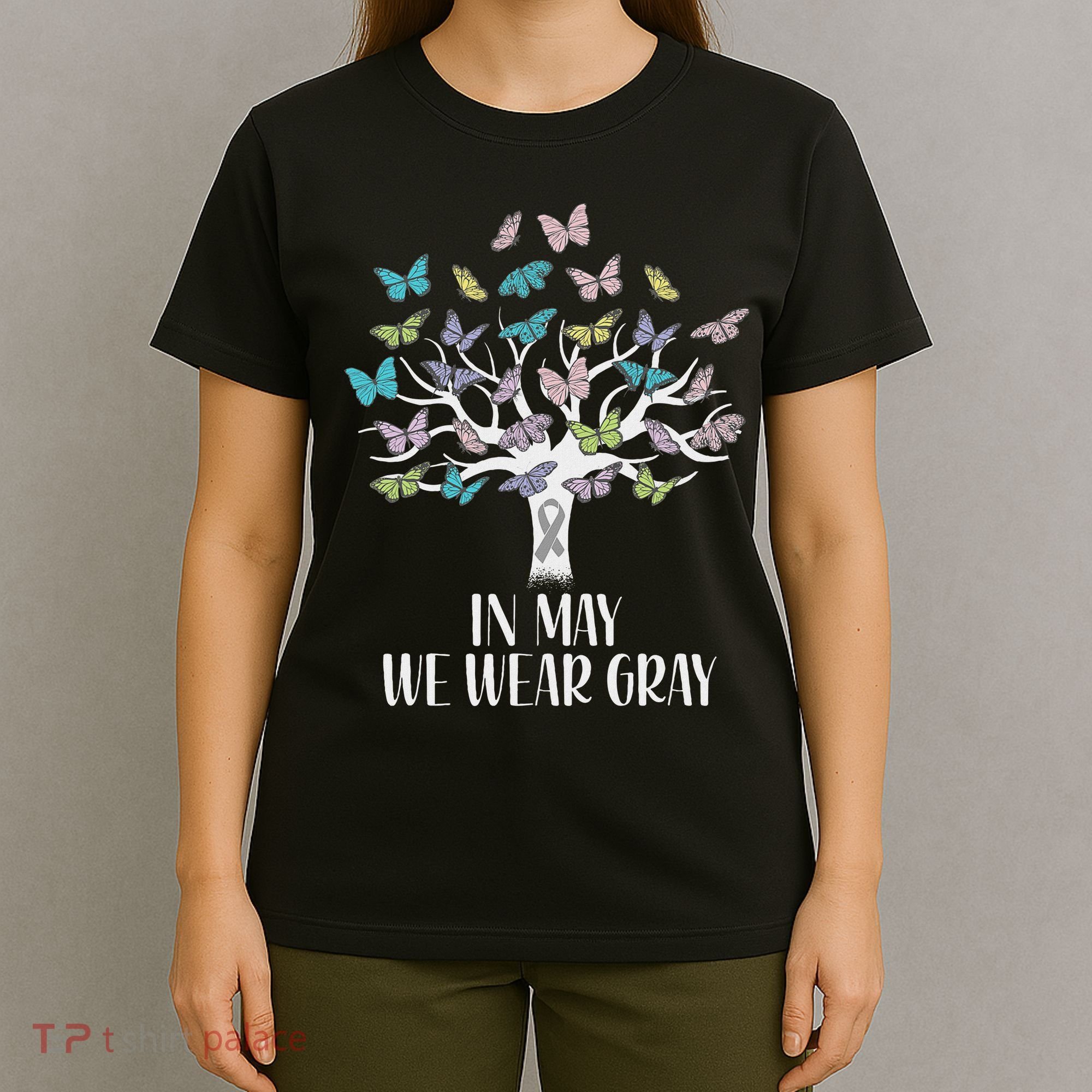 In May We Wear Gray Brain Cancer Awareness Butterfly Tree T-Shirt