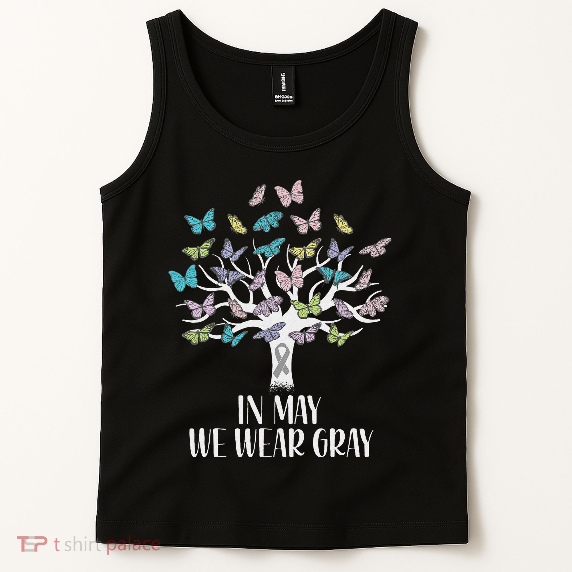 In May We Wear Gray Brain Cancer Awareness Butterfly Tree Tank Top