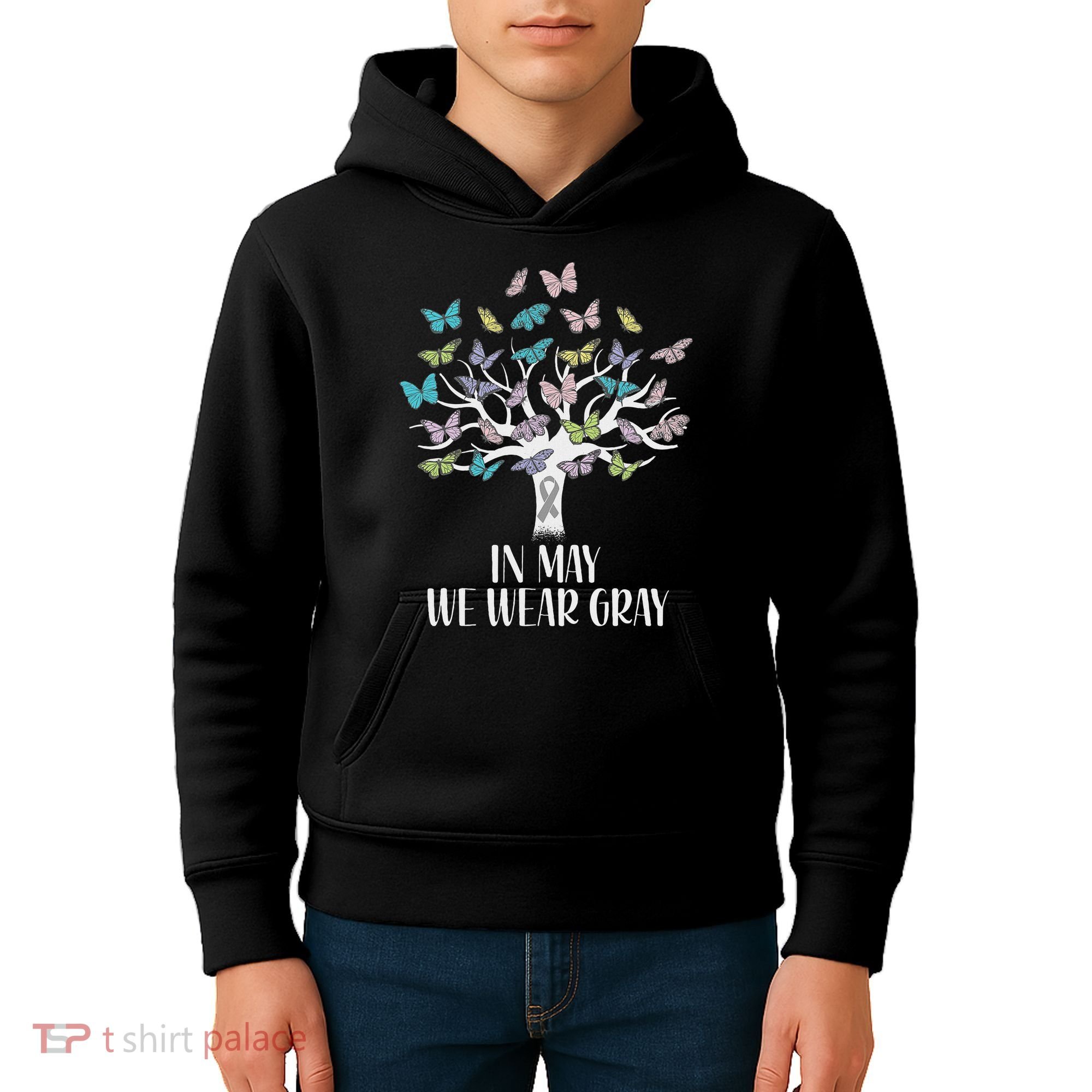 In May We Wear Gray Brain Cancer Awareness Butterfly Tree Kids Hoodie