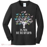 In May We Wear Gray Brain Cancer Awareness Butterfly Tree Kids Long Sleeve Shirt thumb 0