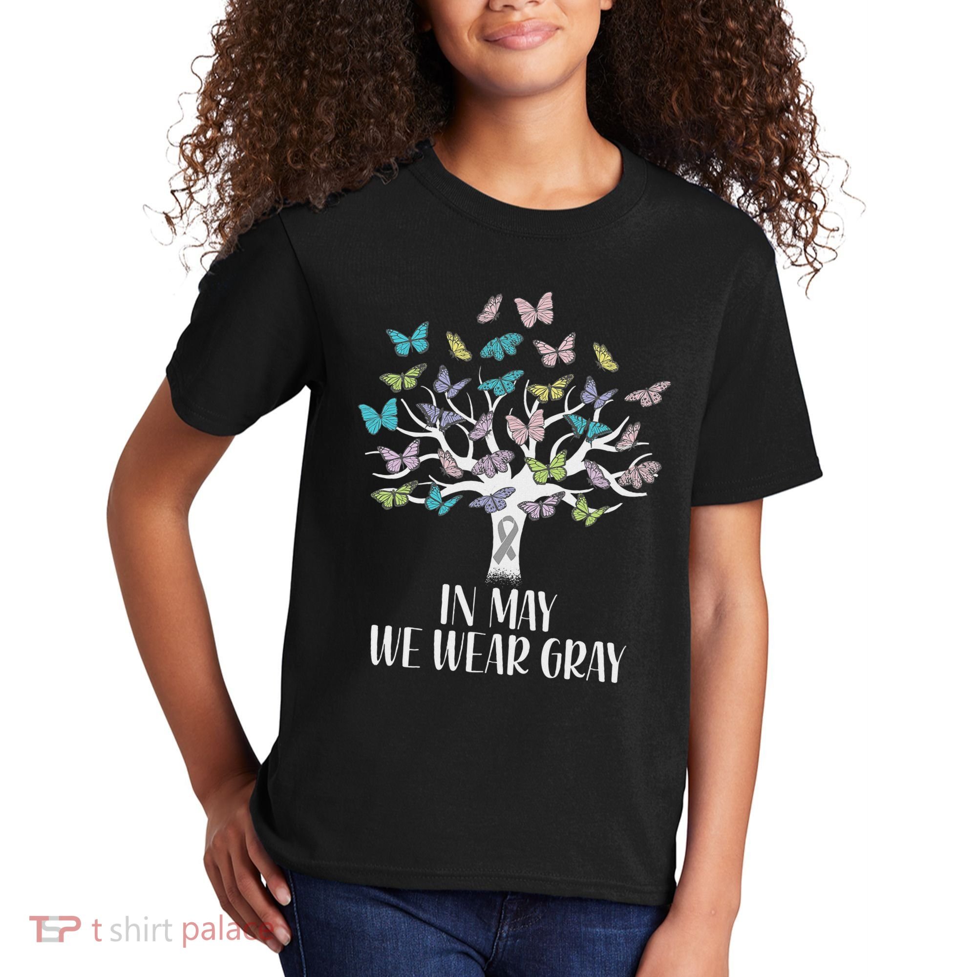 In May We Wear Gray Brain Cancer Awareness Butterfly Tree Kids T-Shirt