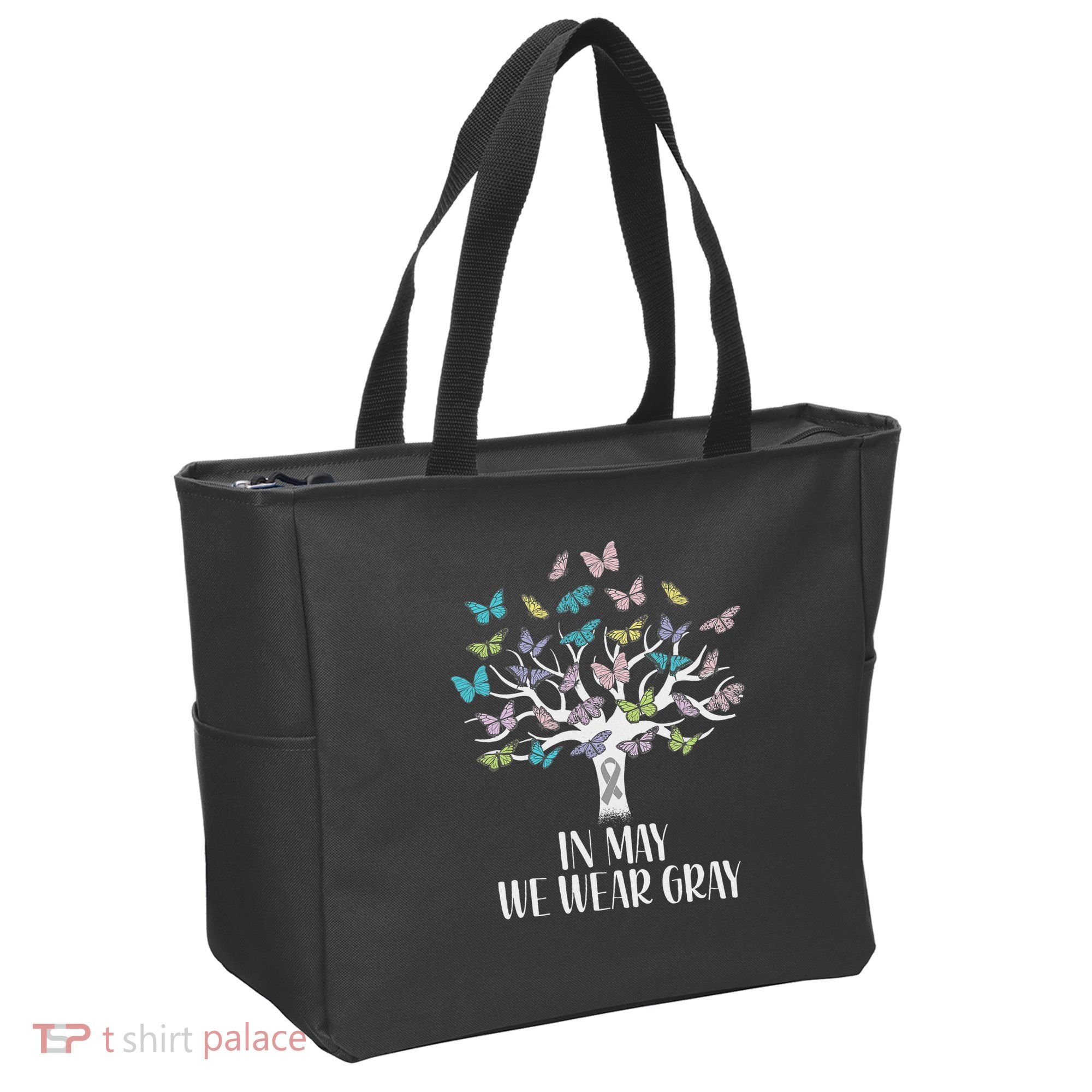 In May We Wear Gray Brain Cancer Awareness Butterfly Tree Tote Bag