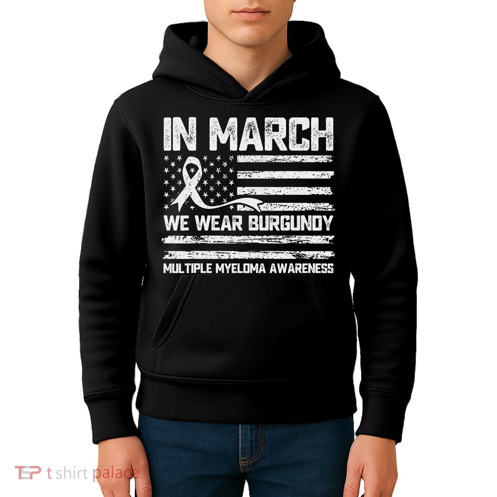 In March We Wear Burgundy Multiple Myeloma Awareness Kids Hoodie