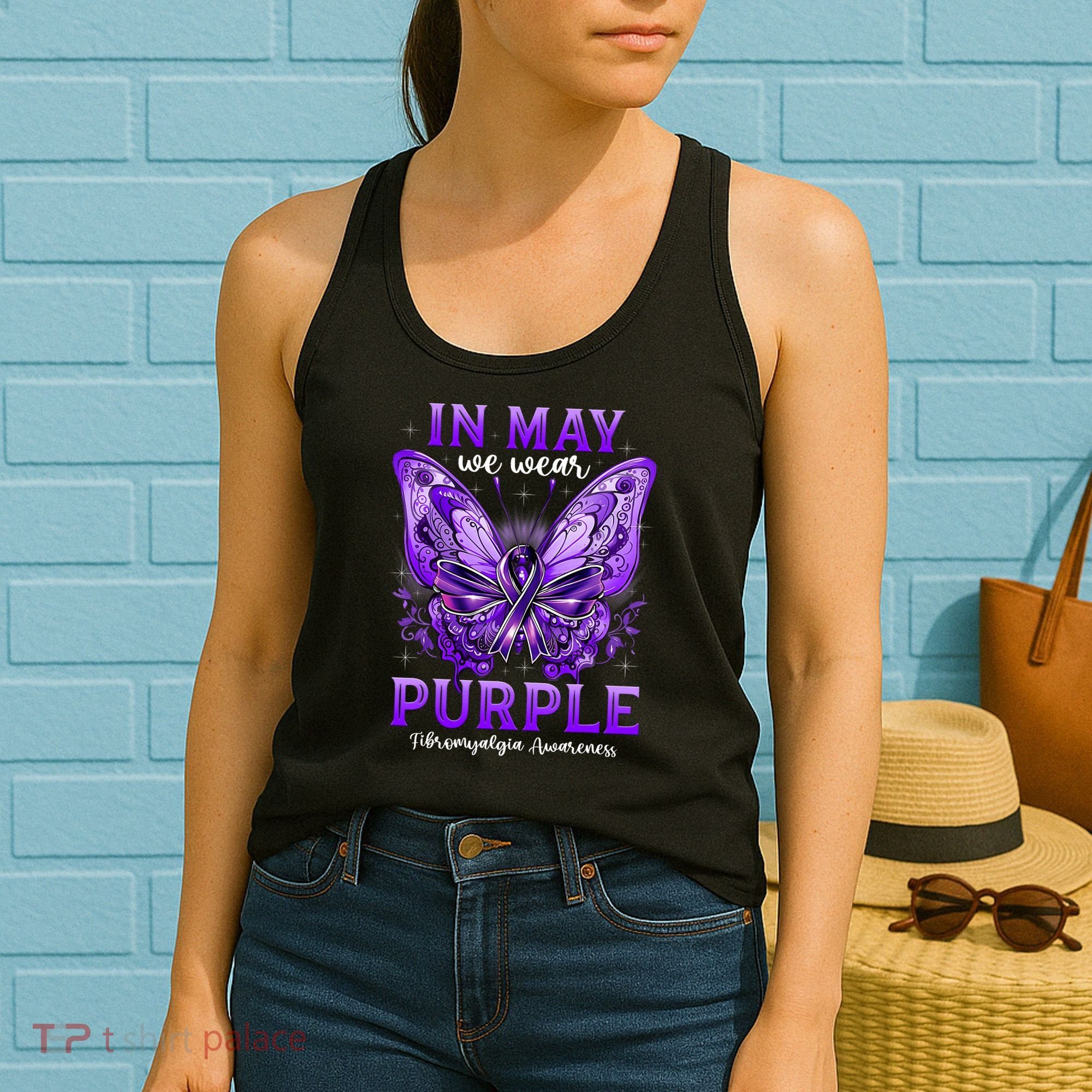 In May We Wear Purple Fibromyalgia Awareness Butterfly  Women's Tank Top