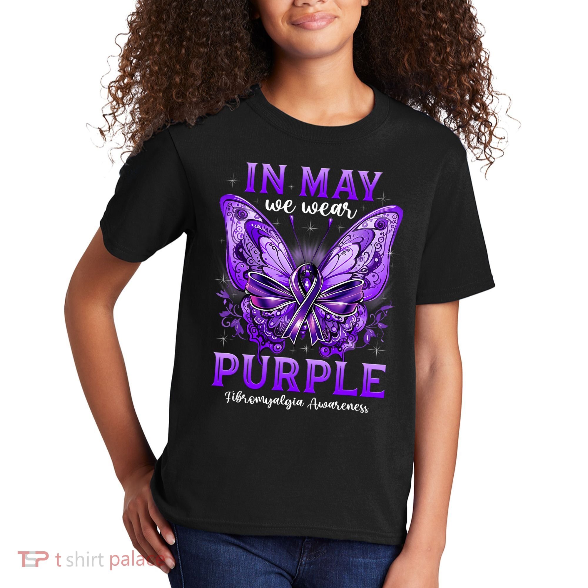 In May We Wear Purple Fibromyalgia Awareness Butterfly  Kids T-Shirt