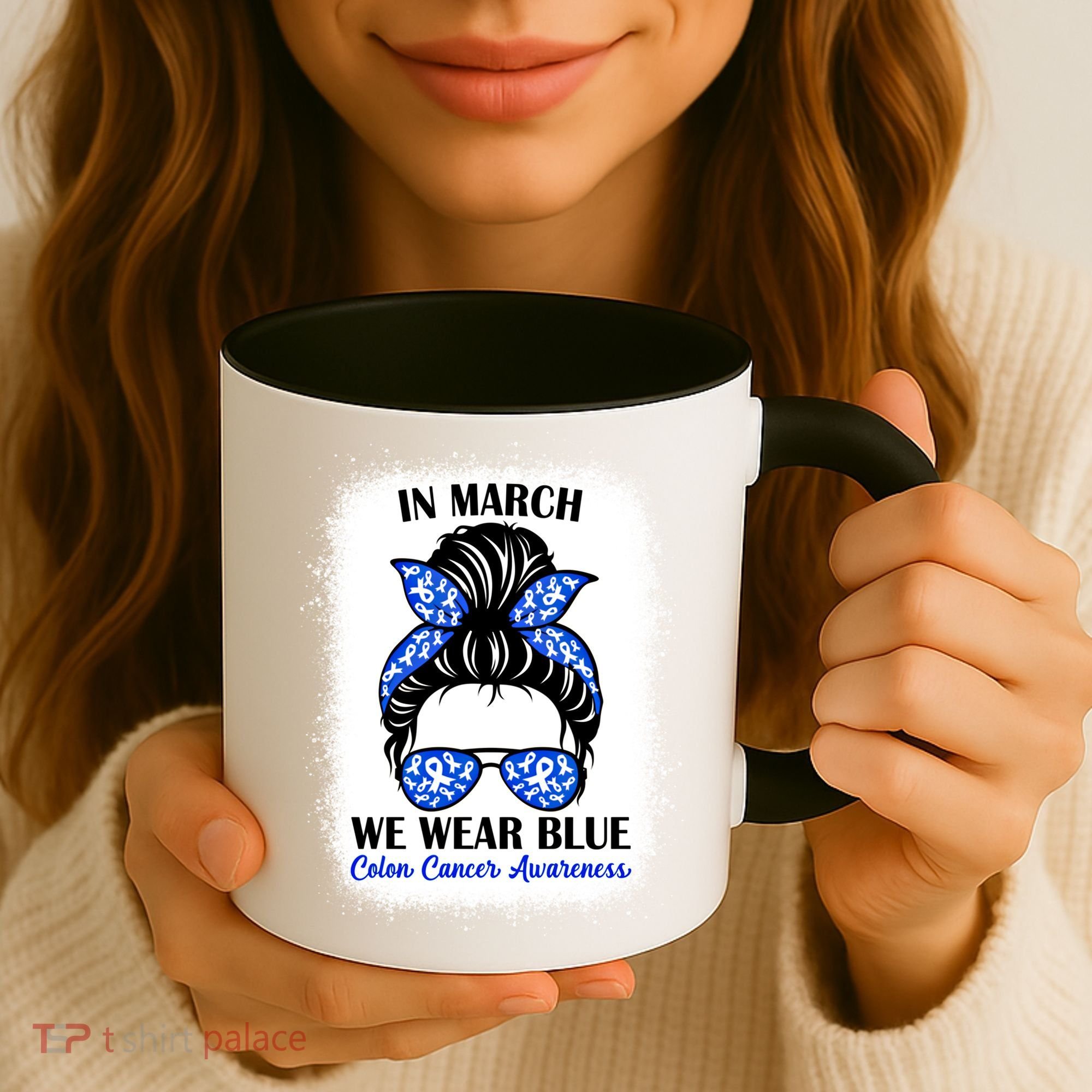 In March We Wear Blue For Colon Cancer Awareness Messy Bun Gift Coffee Mug