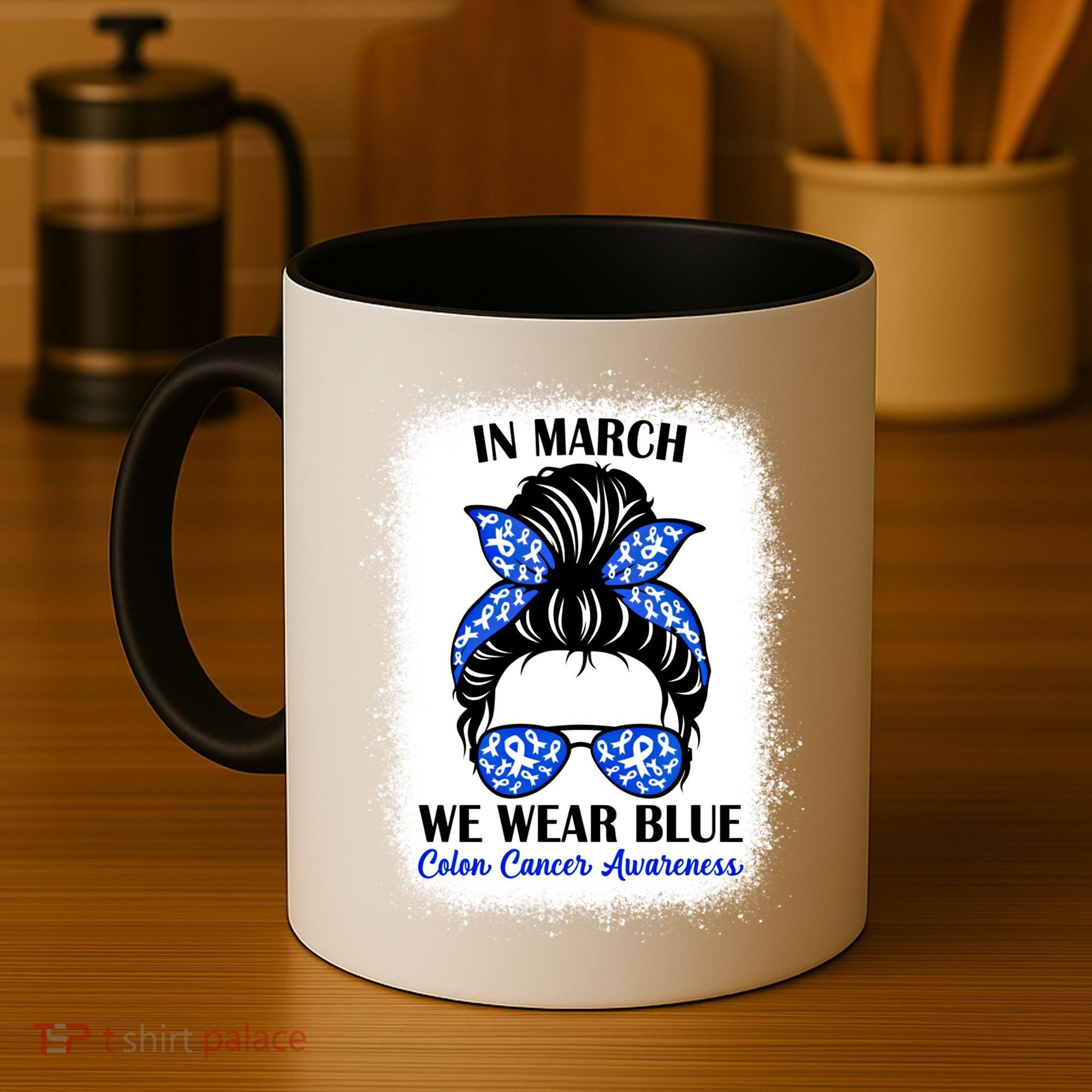 In March We Wear Blue For Colon Cancer Awareness Messy Bun Gift Coffee Mug