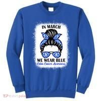 In March We Wear Blue For Colon Cancer Awareness Messy Bun Gift Sweatshirt thumb 0
