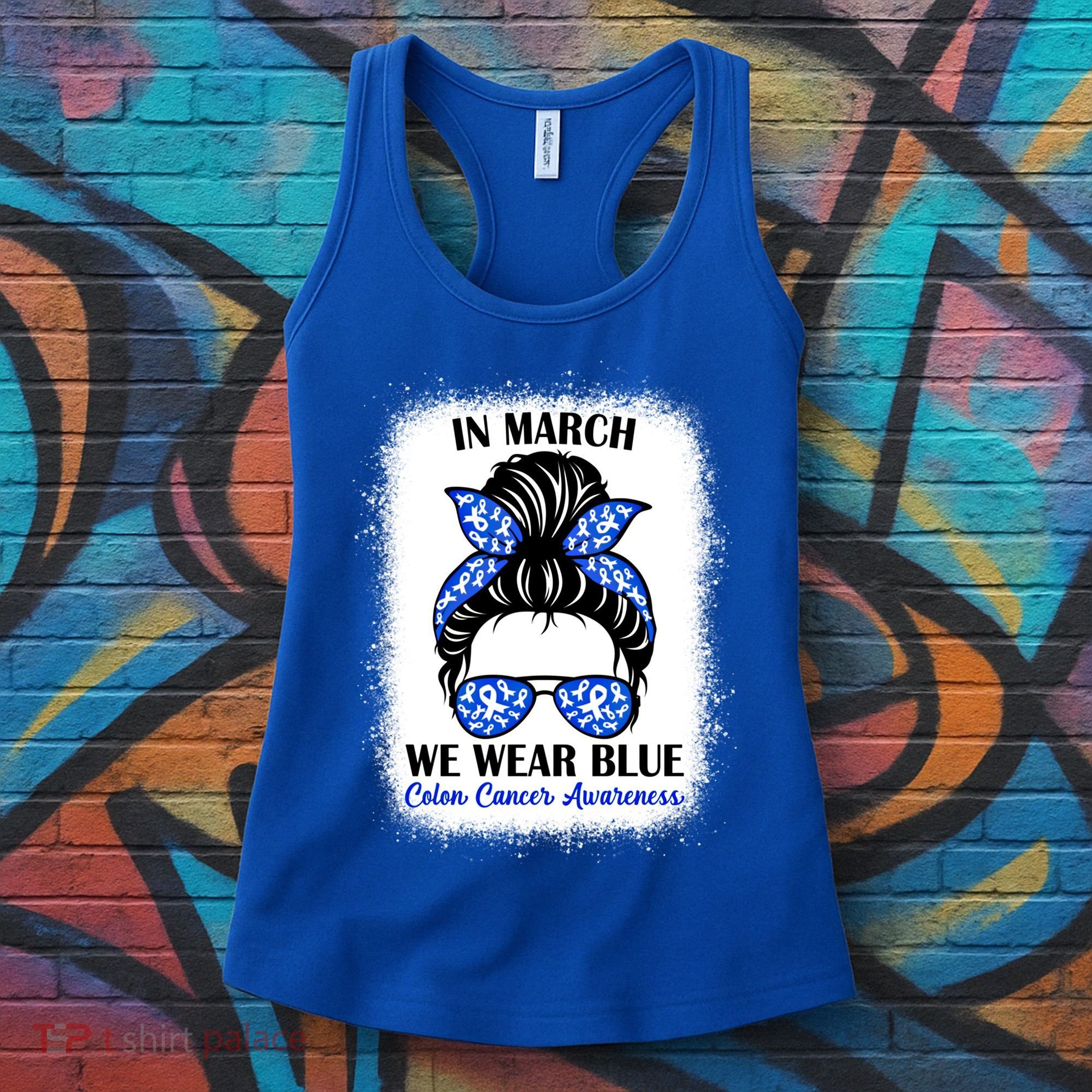 In March We Wear Blue For Colon Cancer Awareness Messy Bun Gift Women's Tank Top