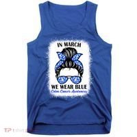 In March We Wear Blue For Colon Cancer Awareness Messy Bun Gift Tank Top thumb 0