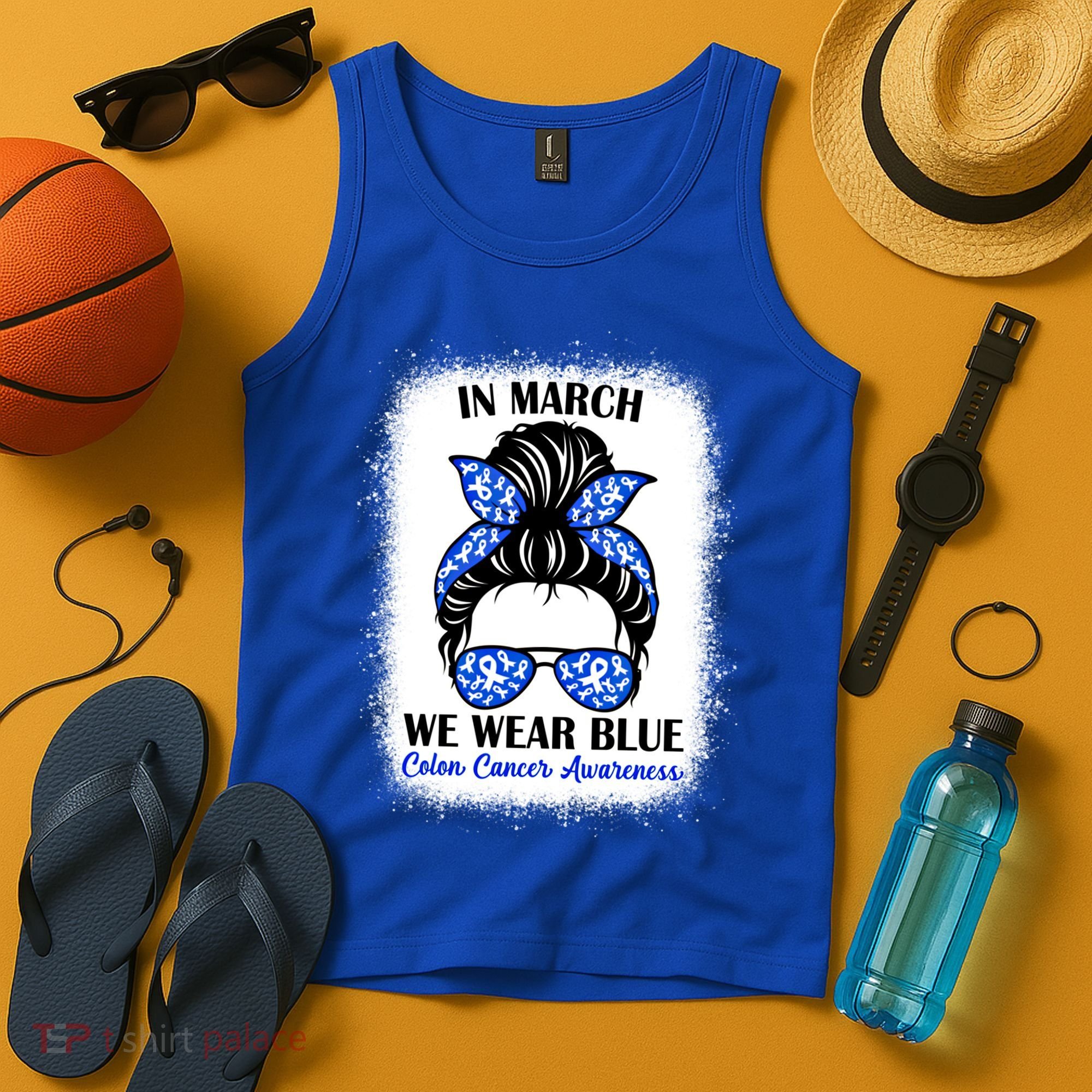 In March We Wear Blue For Colon Cancer Awareness Messy Bun Gift Tank Top