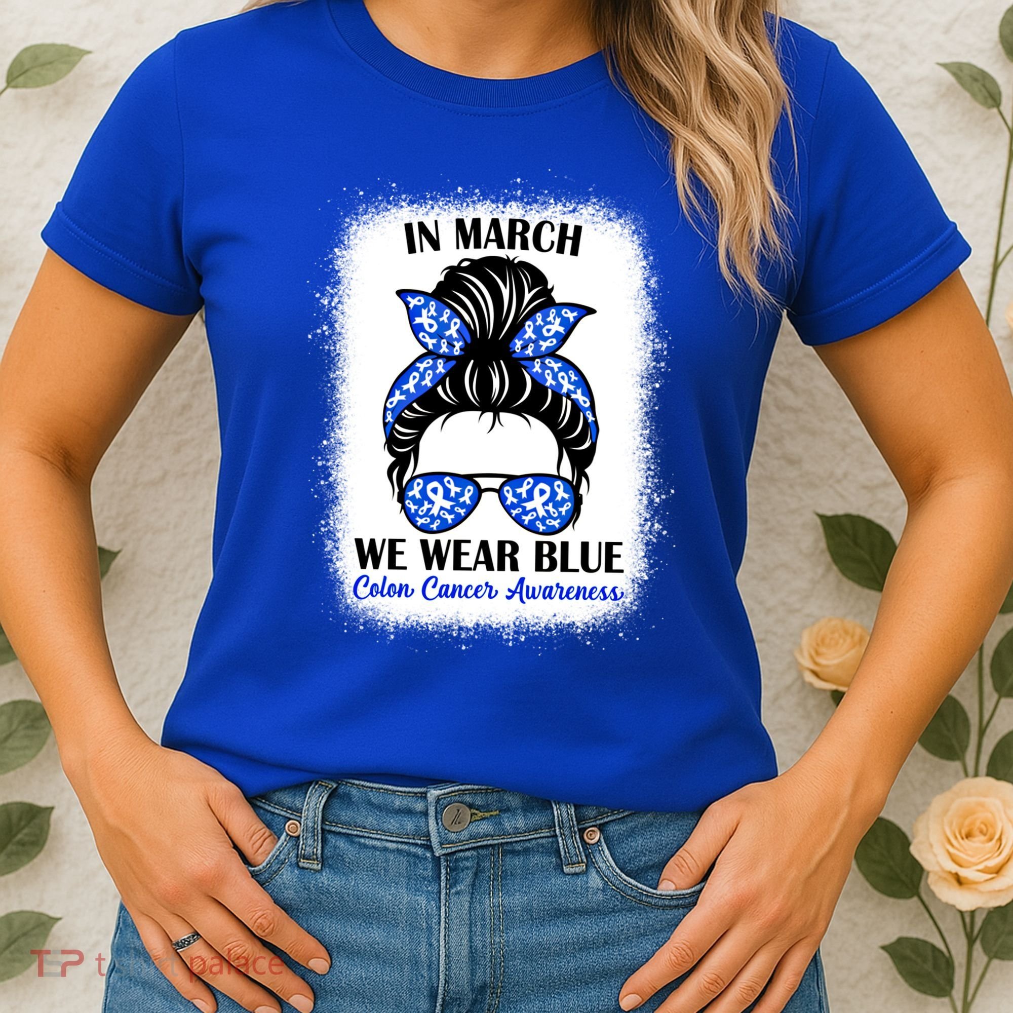 In March We Wear Blue For Colon Cancer Awareness Messy Bun Gift Women's T-Shirt