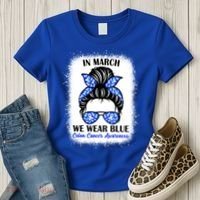 In March We Wear Blue For Colon Cancer Awareness Messy Bun Gift Women's T-Shirt thumb 3