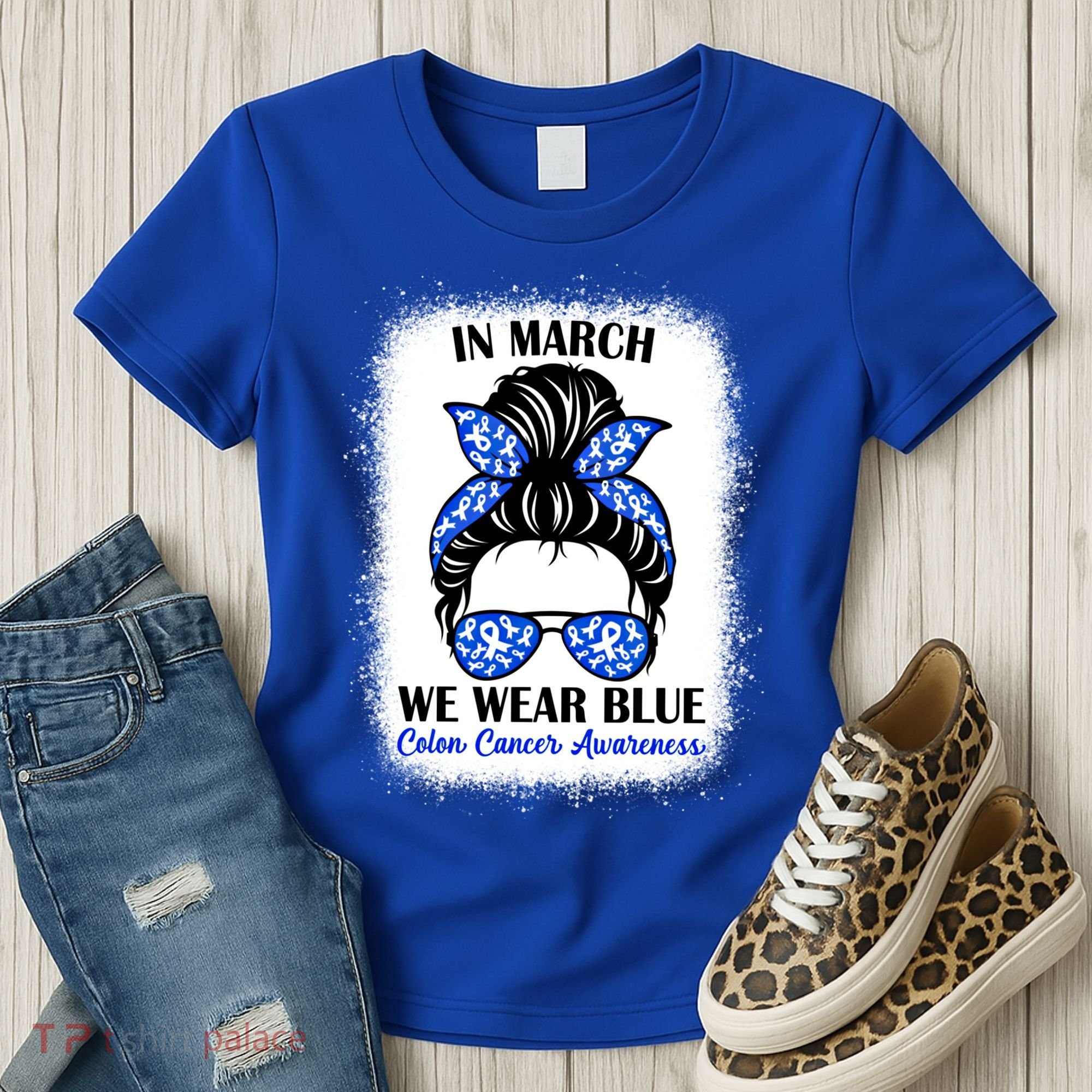 In March We Wear Blue For Colon Cancer Awareness Messy Bun Gift Women's T-Shirt