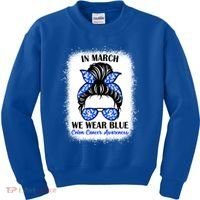 In March We Wear Blue For Colon Cancer Awareness Messy Bun Gift Kids Sweatshirt thumb 0