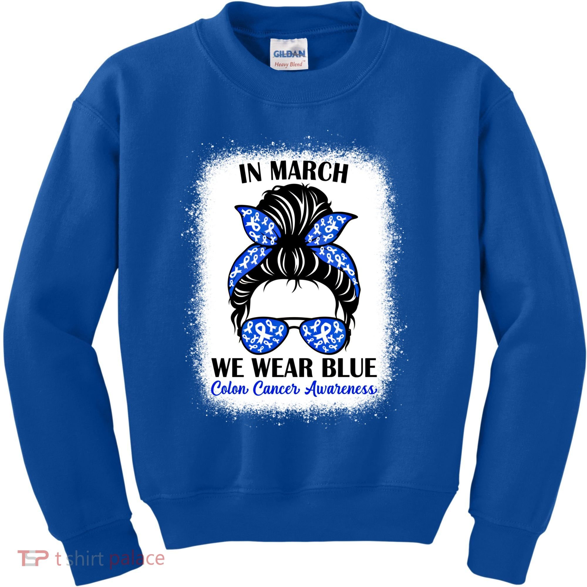 In March We Wear Blue For Colon Cancer Awareness Messy Bun Gift Kids Sweatshirt