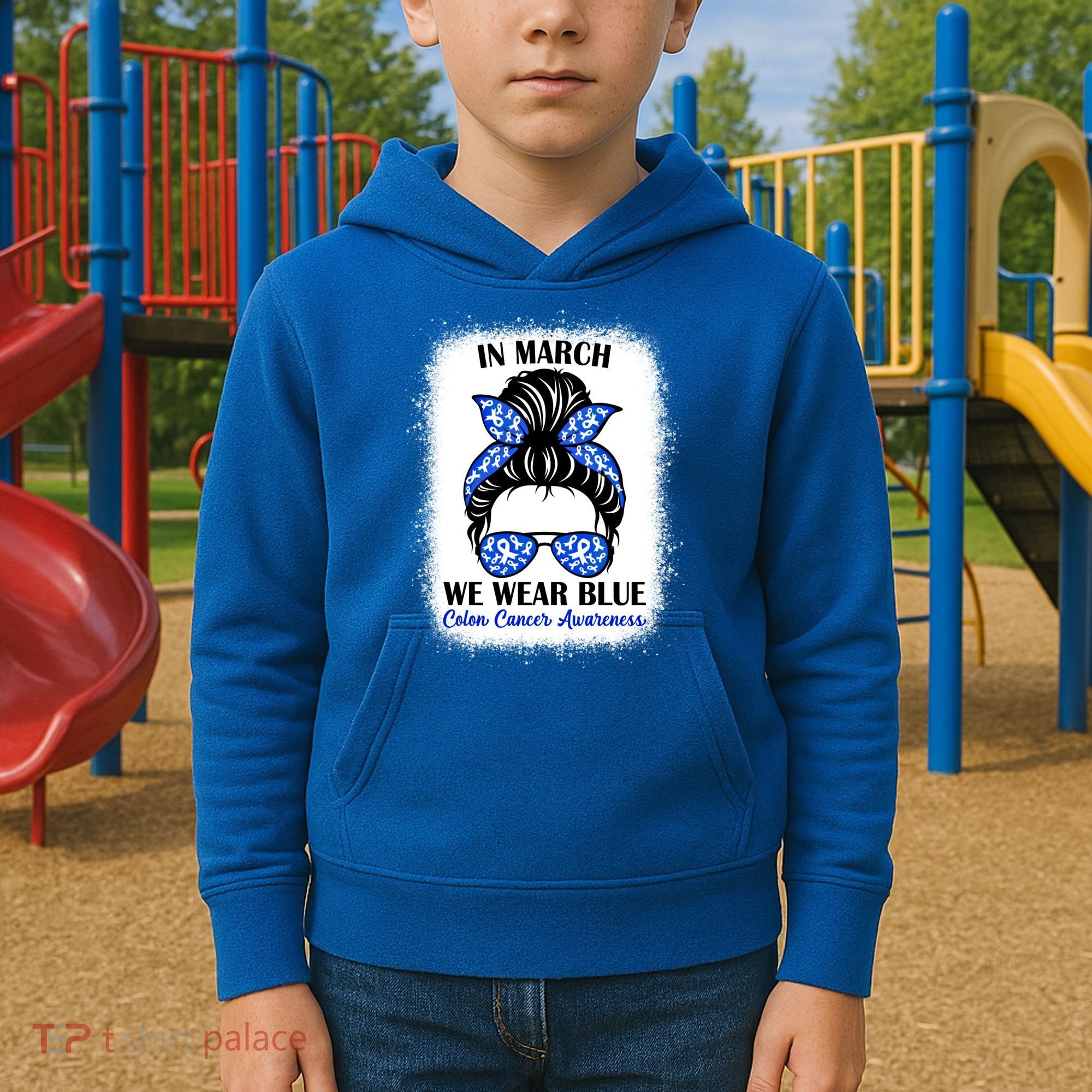 In March We Wear Blue For Colon Cancer Awareness Messy Bun Gift Kids Hoodie