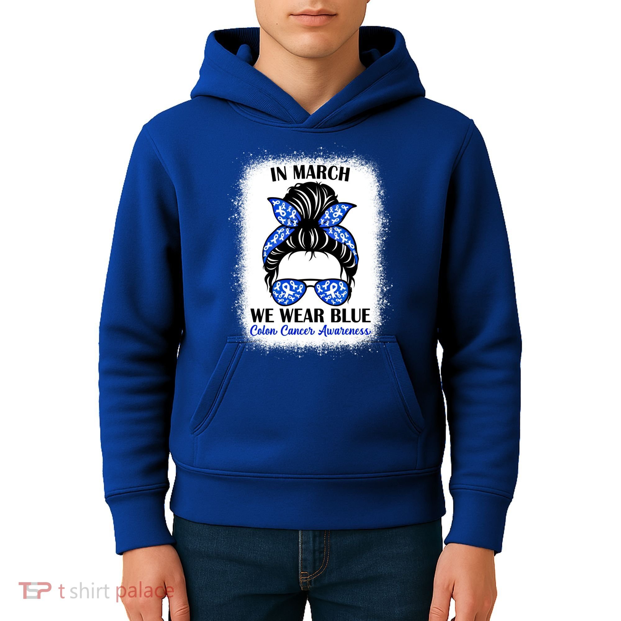 In March We Wear Blue For Colon Cancer Awareness Messy Bun Gift Kids Hoodie