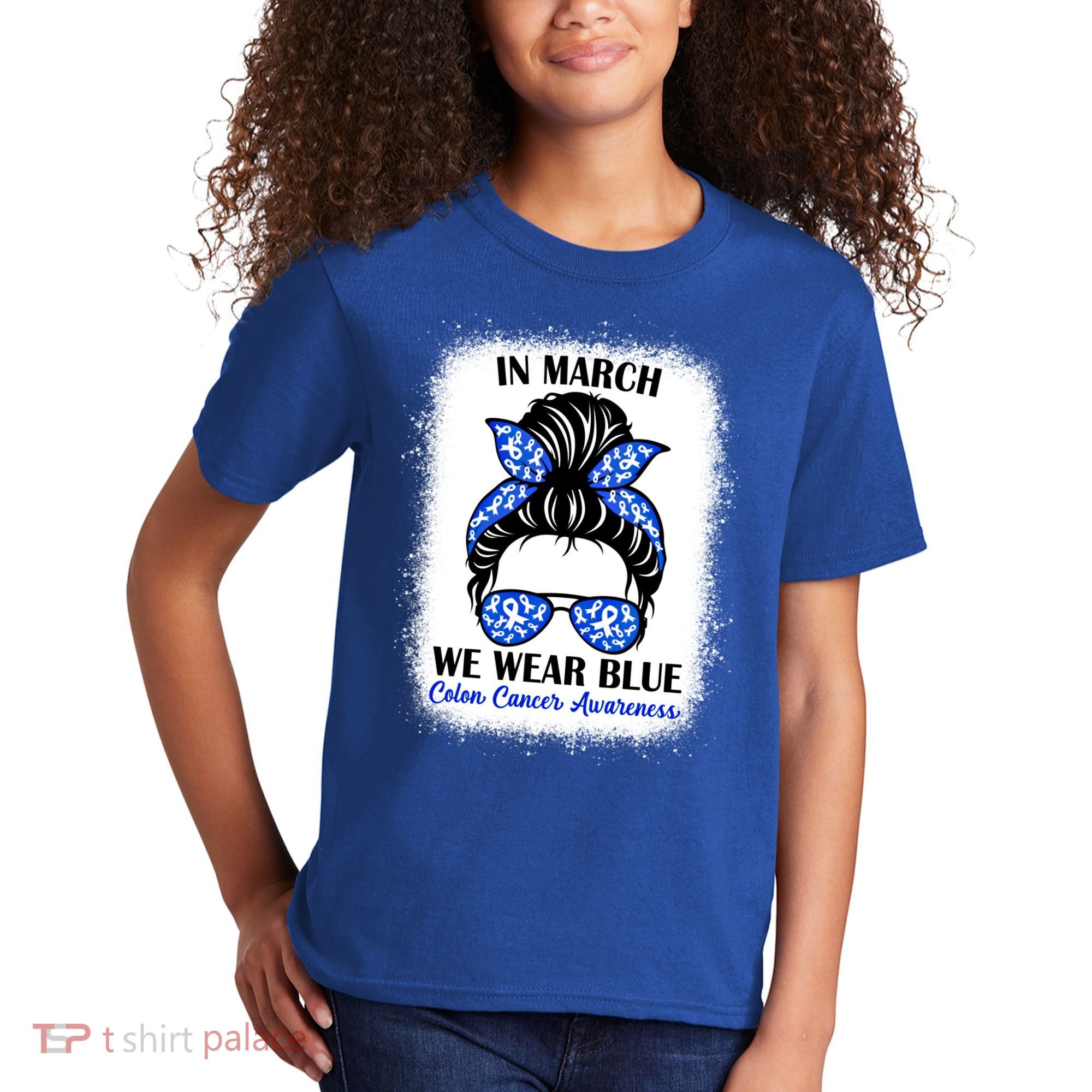 In March We Wear Blue For Colon Cancer Awareness Messy Bun Gift Kids T-Shirt