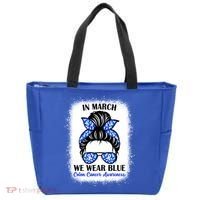 In March We Wear Blue For Colon Cancer Awareness Messy Bun Gift Tote Bag thumb 0