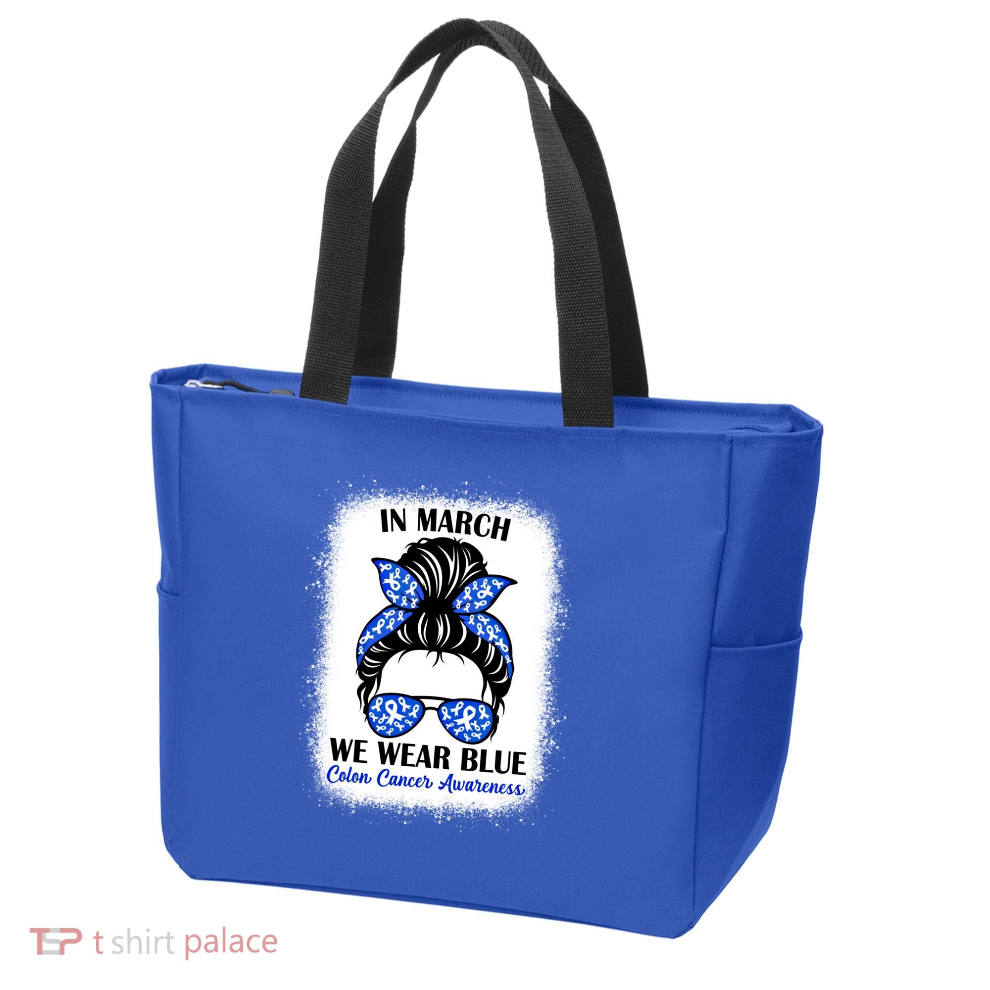 In March We Wear Blue For Colon Cancer Awareness Messy Bun Gift Tote Bag