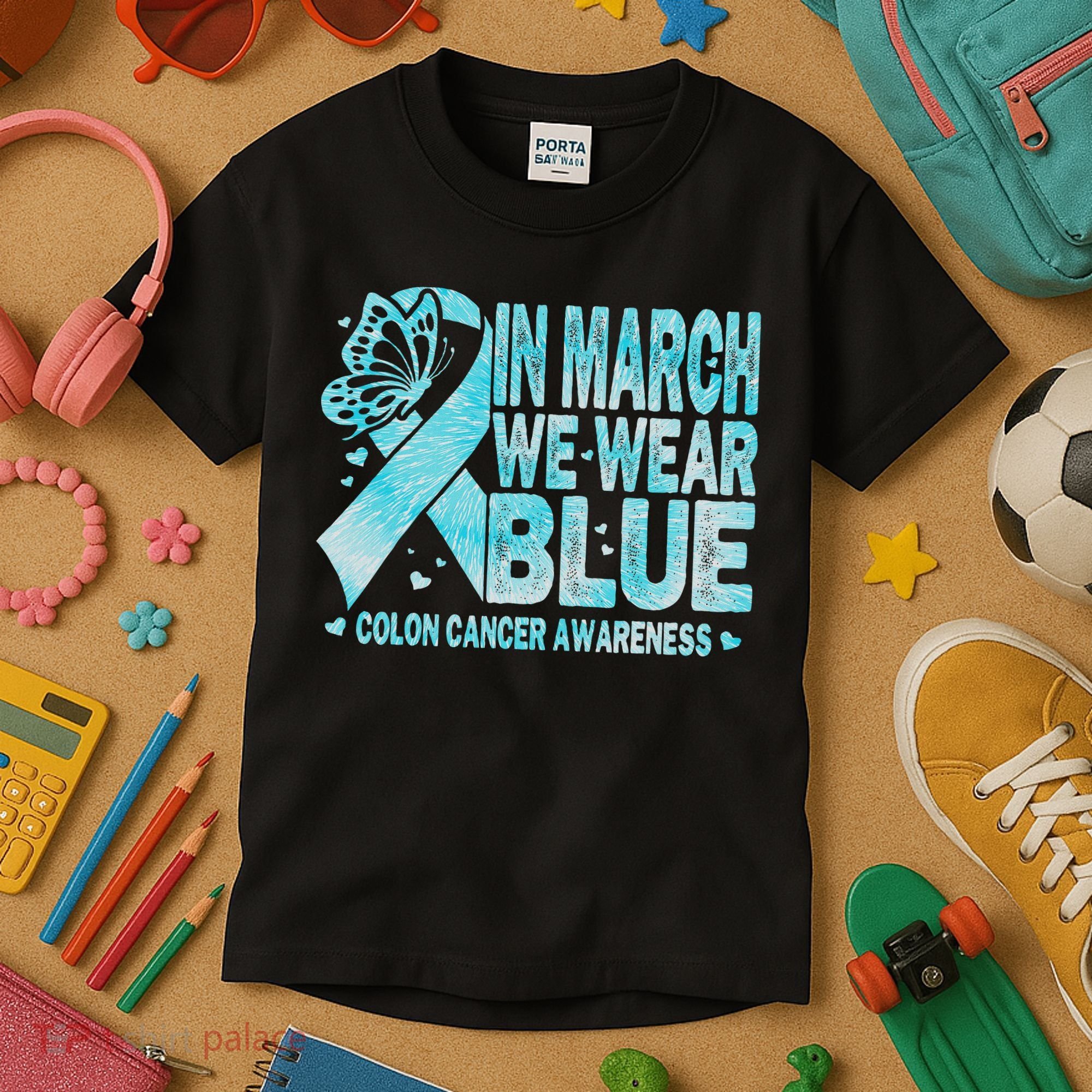 In March We Wear Blue Colon Cancer Awareness Month Kids T-Shirt