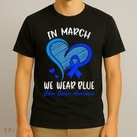 In March We Wear Blue Colon Cancer Awareness Month Heart T-Shirt thumb 3
