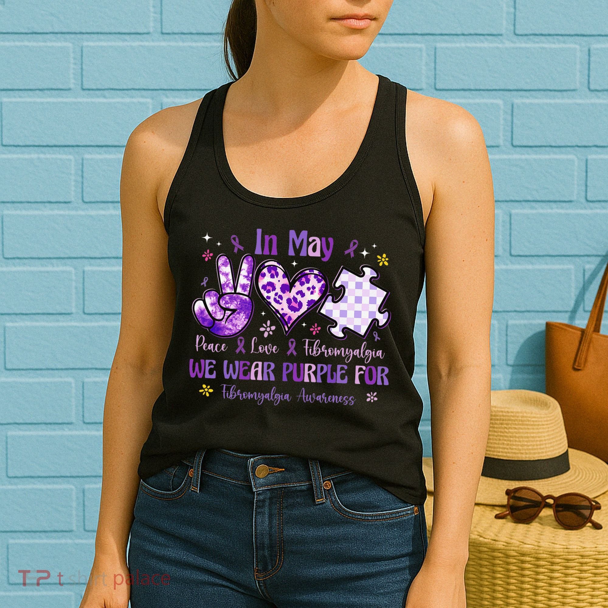 In May We Wear Purple For Fibromyalgia Awareness Peace Love Women's Tank Top