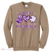 In May We Wear Purple For Fibromyalgia Awareness Peace Love Sweatshirt thumb 0